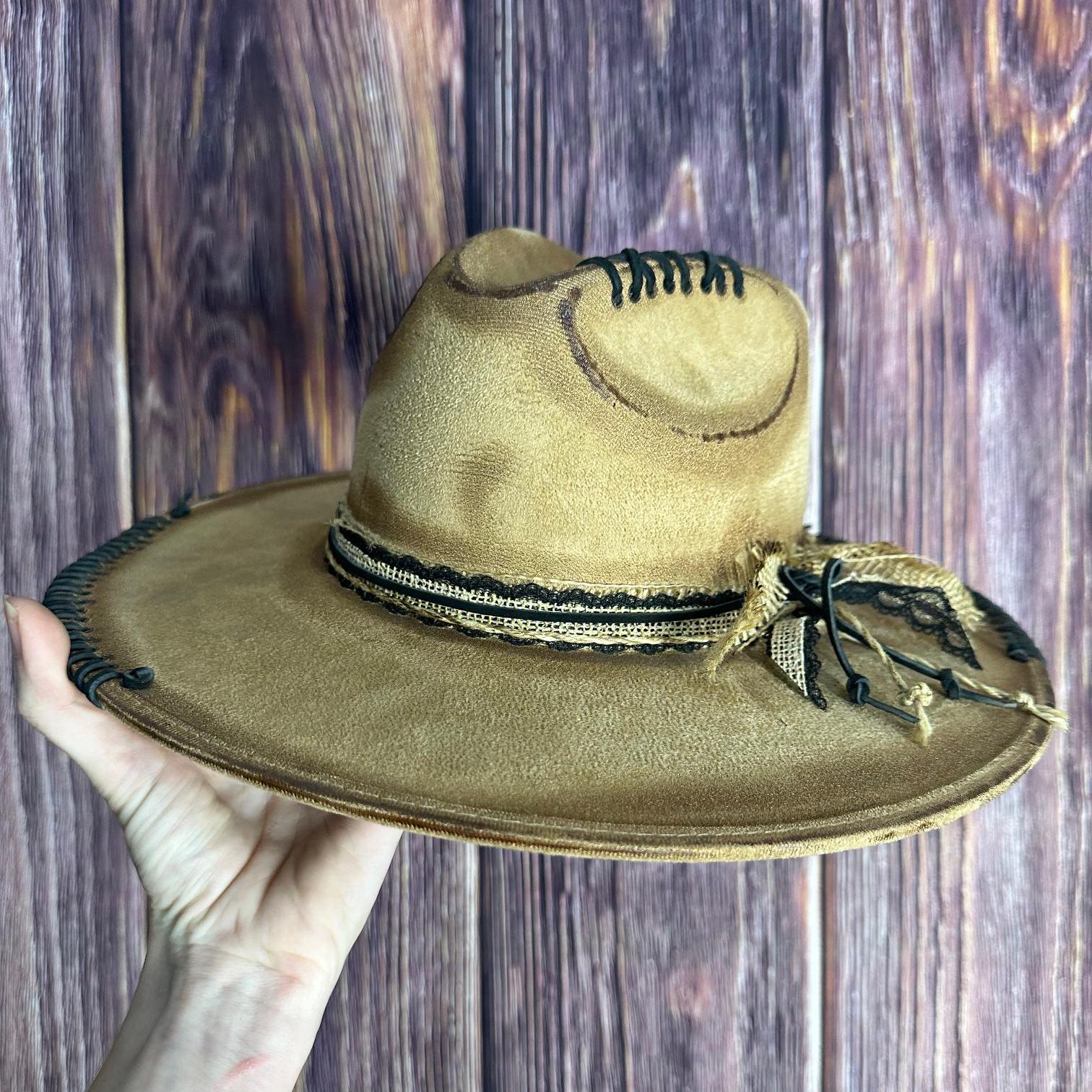 Western hand burned fadora tan in color Hand Burned Wide Brim Fedora | Western, Cowgirl, Lainey  main image 4