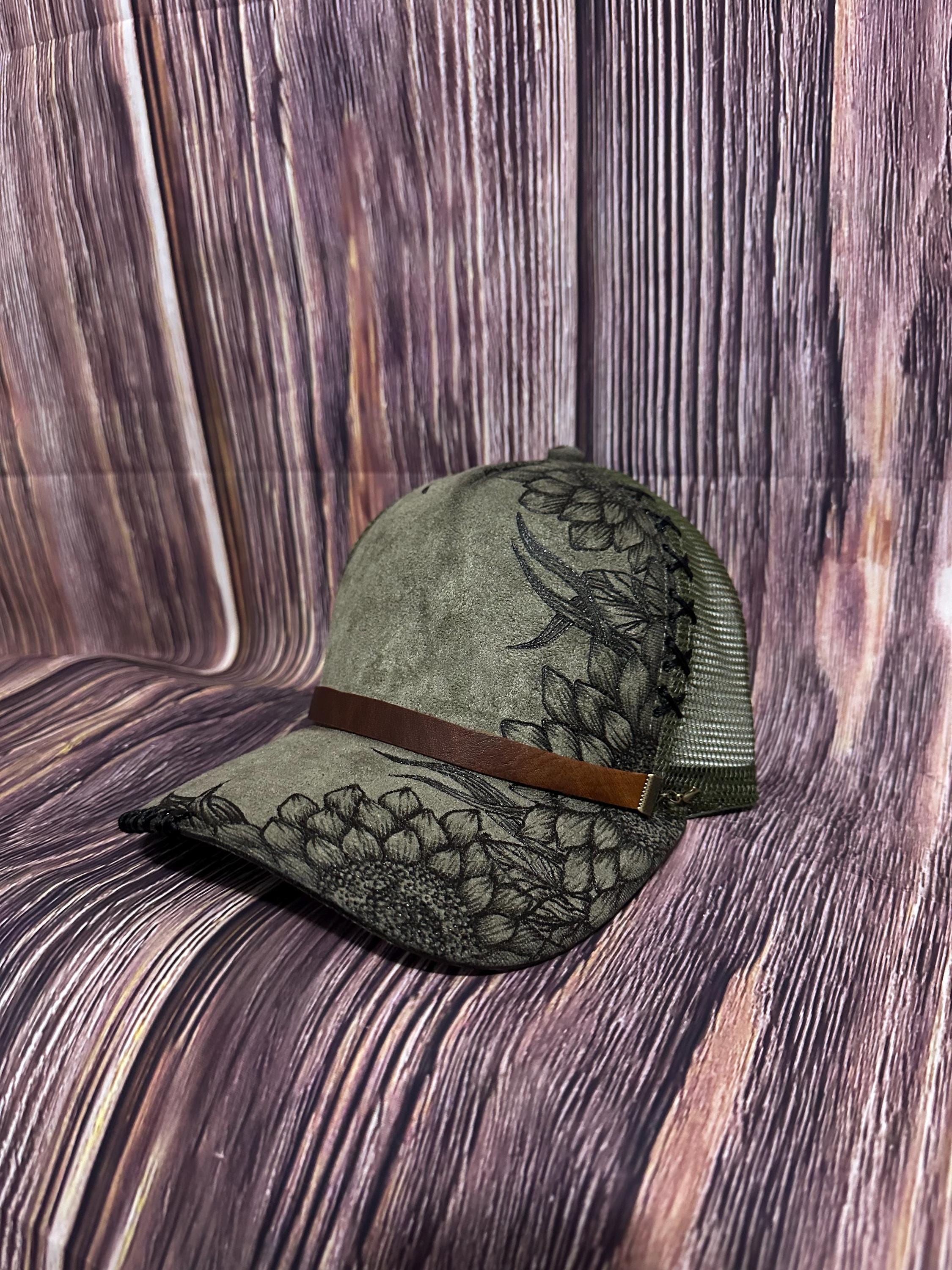 Suede Trucker Hat: Freehand Burned Sunflower Design, Leather 