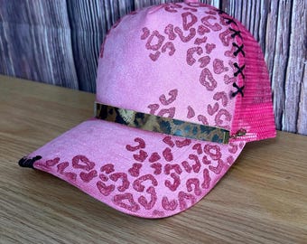Pink Suede Trucker Hat: Freehand Cheetah Design, Leather Band