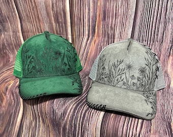 Green and Gray Suede Trucker Hat: Freehand Burned Wildflower Design