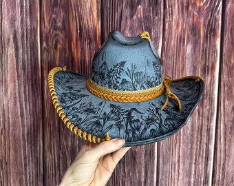 Blue Suede Cowgirl Hat: Size Md, Freehand Burned Wildflower Design.