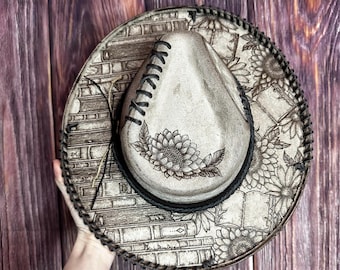 Taupe Pencil brim Rancher Style Hat | Size Medium | Gift for her | Freehand Burned Book Lovers Hat design | Rustic Hat
