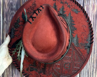 Red Teardrop Hat: Freehand Burned Christmas Cabin Design, Size Medium
