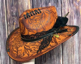 Burnt Orange Cowgirl Hat (Size Large): Freehand Burned Floral Design