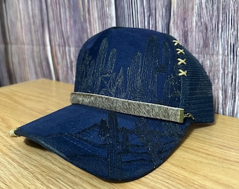 Dark Blue Suede Trucker Hat: Freehand Cactus Design, Handmade Band