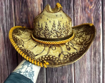 Tan Cowboy/Cowgirl Hat: Size Adult Md. Freehand Burned Wild Horse, Sunflower Design.