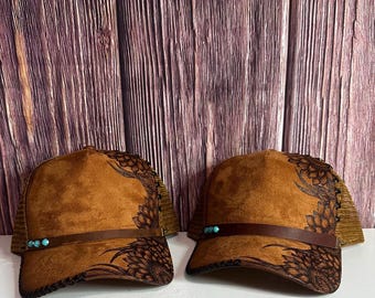 Suede Trucker Hat: Freehand Burned Sunflower Design, Leather  display picture 2