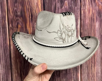 Floral Burned Design Cowboy Hat - Silver Grey Billy Style, Medium
