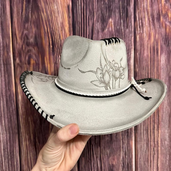 Handburned Floral Gray Embroidered Western Hat with Gold Trim ONE OF A KIND Wildflower Floral Burned Hat, Floral Engraved Cowboy Hat  main image 4