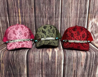 Suede Trucker Hat: Freehand Burned Western Design, Turquoise Leather Band