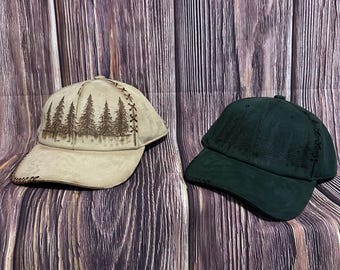 Full Suede Baseball Hat: Freehand burned Tree Design
