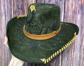 Forrest Green Billy Hat: Freehand Burned Highland Cow & Floral Design, Size Large