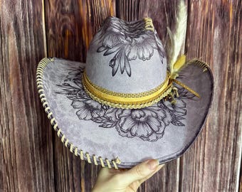 Lavender, Light Purple Cowgirl Style Hat | Size Medium | Gift for her | Freehand Burned Mixed Floral design | Rustic Hat