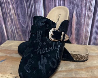 Black Western Gold Buckle Clogs / Women / Custom / Freehand Burned Howdy Design / For her