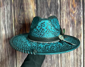 Peacock Blue Flatbrim Rancher: Size Lg, Freehand Burned Sunflower / Leopard Print