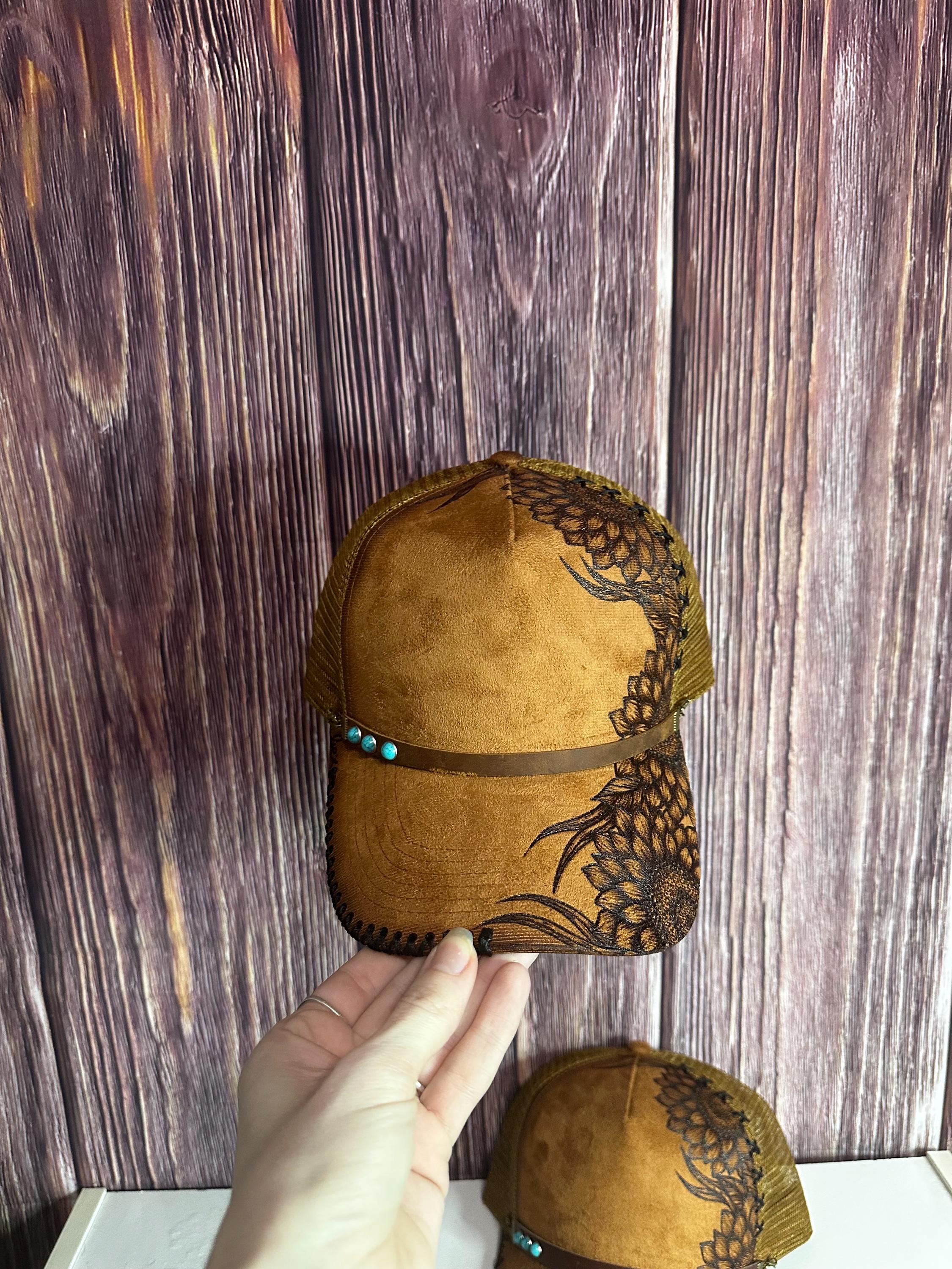 Custom Handmade Sunflower Burned Vegan Suede Snapback Trucker Cap ? Sunflower Burned Hat, Floral Engraved Cowboy Hat, Sunflower  main image 2