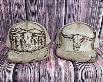 Light Tan Flat bill Faux Suede Snapback Hat: Freehand Bull Longhorn Design