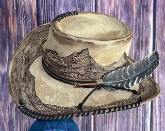 Tan Faux Suede Cowgirl Hat: Freehand Burned Mountain Design, Medium