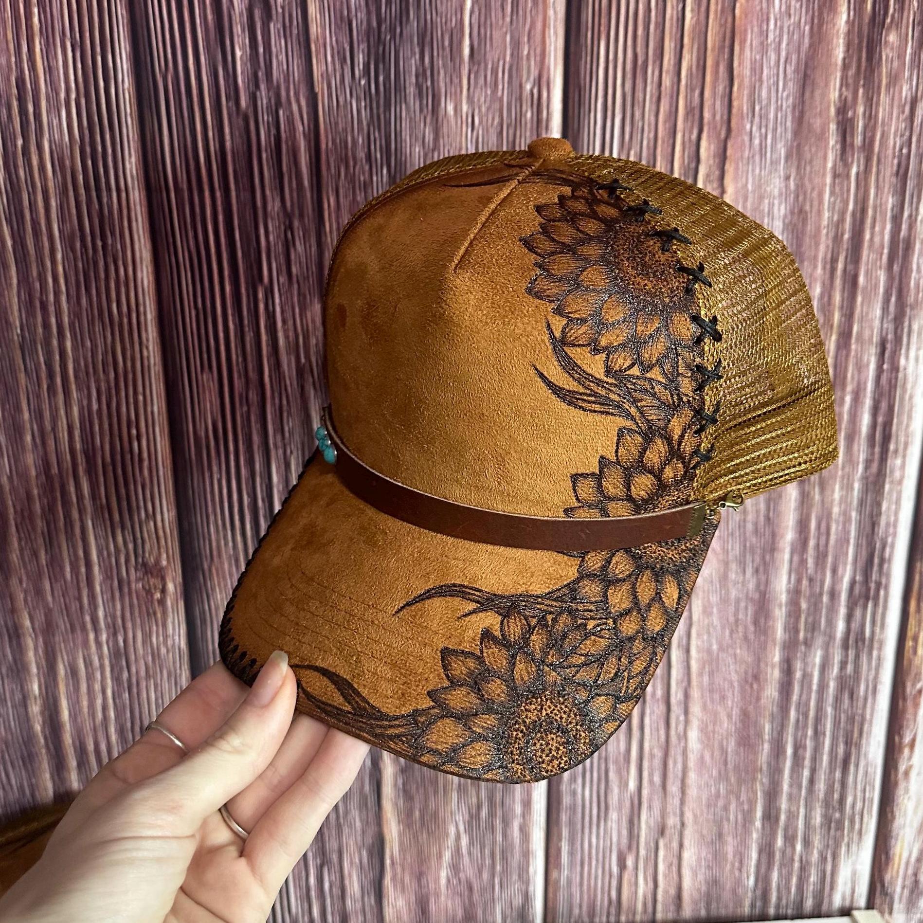 Suede Trucker Hat: Freehand Burned Sunflower Design, Leather  display picture 3