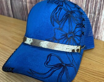 Blue Suede Trucker Hat: Freehand Bow Design, Leather Band