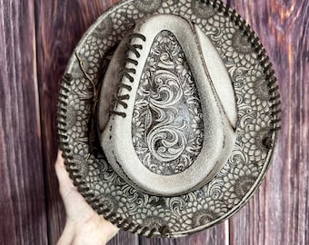 Taupe Curved Shortbrim Fedora Hat: Freehand Burned Sunflower, western Design, Size Md