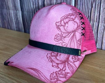 Pink Suede Trucker Hat: Freehand Floral Design, Leather Band
