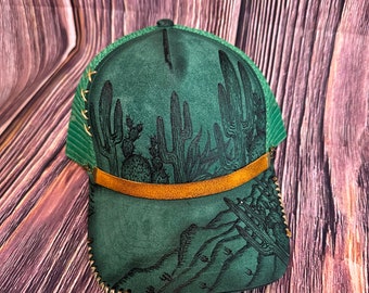 Sombrero de ante Forrest Green Trucker / Mujeres / Hombres / Diseño de cactus quemado a mano alzada / regalo