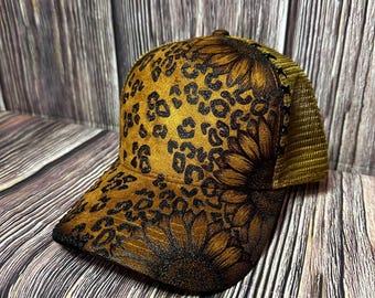 Camel Tan Trucker Hat: Freehand Burned Sunflower Cheetah Design