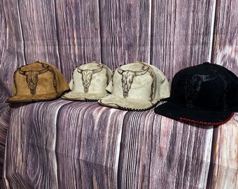 Faux Suede Snapback Hat, Freehand Bull Skull Design