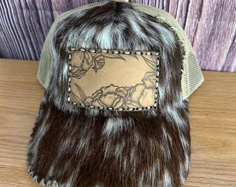 Cowhide Trucker Hat: Freehand Floral Leather Patch, Women's Gift