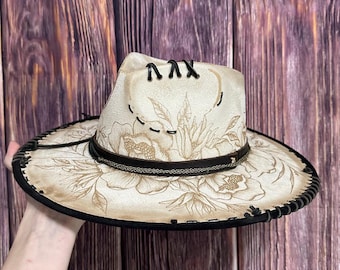 Ivory Teardrop Hat: Freehand Burned Floral Design, Black Leather Band (Size Medium)