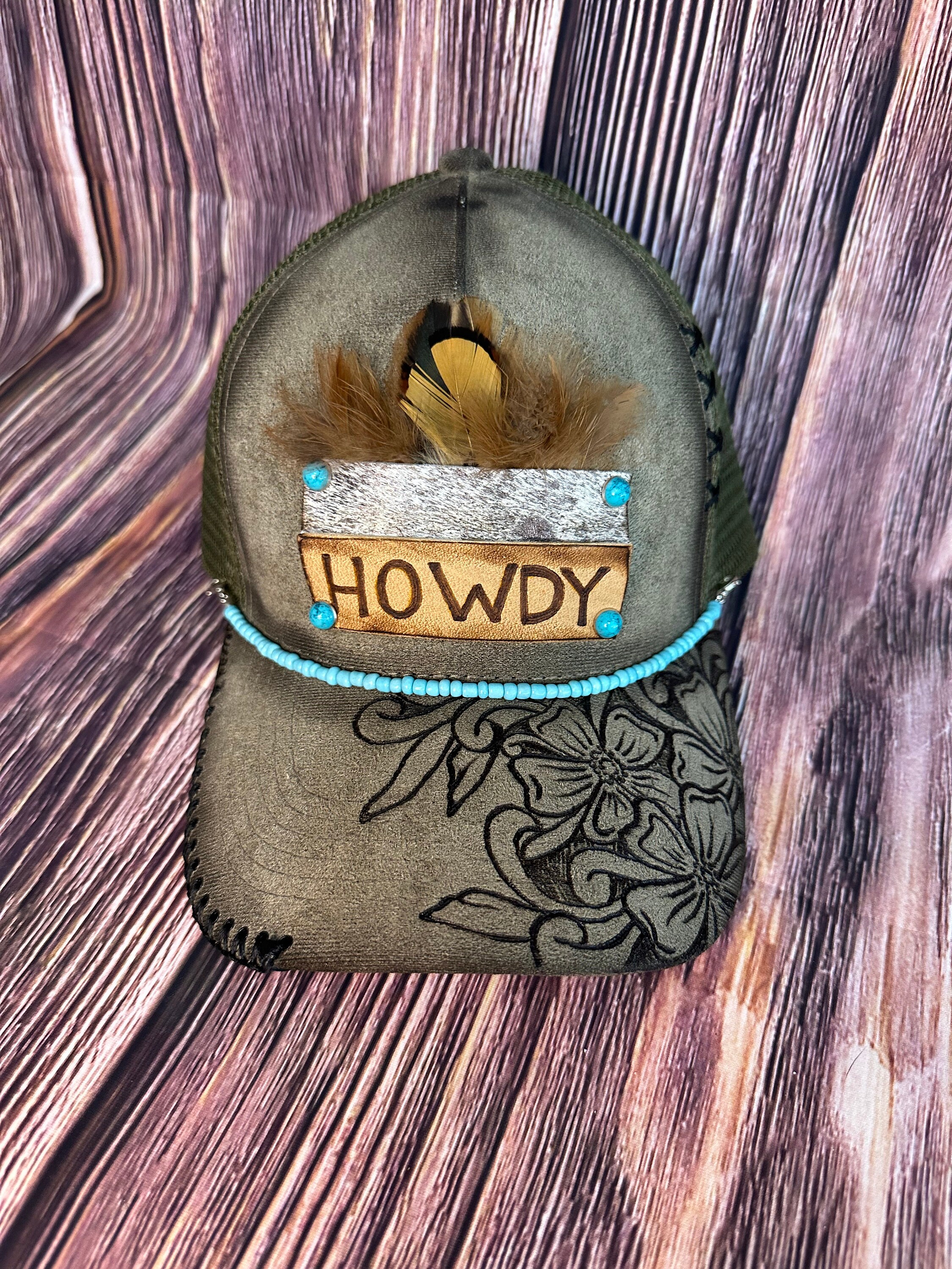 Suede Trucker Hat: Western Floral, Turquoise Beaded Band - Etsy display picture 1