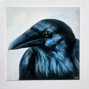 Crow Oil Painting Archival PRINT - 6x6&quot; Original Wall Art Wall Decor - Crow Raven and Bird Lover Gift - Handmade Bird Art - Moody