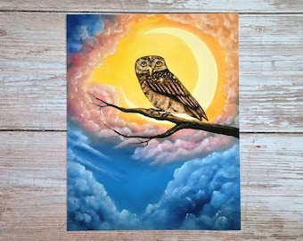 Owl Fantasy Giclée Art Print: Dreamy Moonlit Sky Handmade