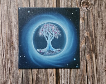 6x6" Original Oil Painting - Galaxy Tree - Surreal Art - Stars and Space - Signed - Optional Frame