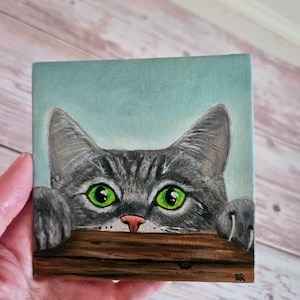 Cute Peeking Gray Tabby Cat - 4x4" Mini Oil Painting - Cat Lover Gift - Tabby Cat Lover - Funny Cat Gift - Frame Options Available!