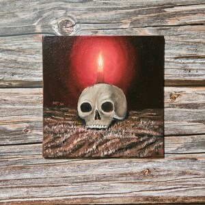 Skull & Candle Oil Painting: Gothic Halloween Decor (6x6&quot;)