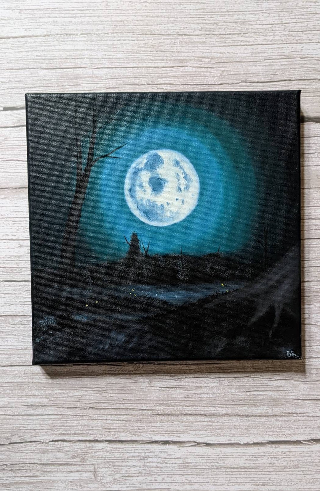 Original Oil Painting Signed, 8x8, Stretched Canvas, Bright Moon in Forest  at Night, Mysterious Landscape With Dancing Fireflies Art Work 