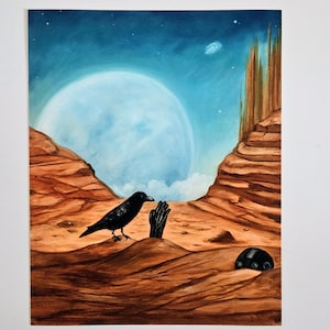 May include: An original painting depicting a surreal desert landscape under a starry sky. A black crow stands near a dark, skeletal hand emerging from the sand. A large, pale blue planet dominates the background.