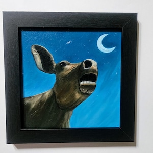 Cow Howling at Moon Oil Painting: Funny Farm Animal Art (8x8&quot; Canvas)