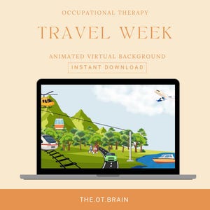 May include: A laptop screen displays an animated virtual background featuring a travel scene with a helicopter, airplane, train, car, and boat. Text reads: OCCUPATIONAL THERAPY TRAVEL WEEK ANIMATED VIRTUAL BACKGROUND INSTANT DOWNLOAD THE.OT.BRAIN.