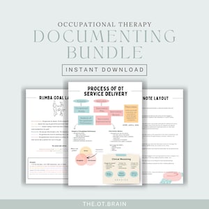 Puede incluir: Un paquete de documentación de terapia ocupacional imprimible con tres secciones: Objetivo Rumba, Proceso de prestación de servicios de terapia ocupacional y Diseño de notas. El paquete incluye un gráfico colorido con una persona y un niño, un diagrama de flujo y una plantilla de notas.