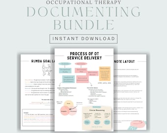 May include: A printable occupational therapy documentation bundle with three sections: Rumba Goal, Process of OT Service Delivery, and Note Layout. The bundle includes a colorful graphic with a person and a child, a flowchart, and a note template.