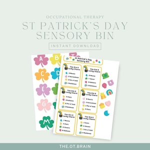 以下が含まれることがあります： カラフルなクローバーと「You Are A Lucky Charm」のテキストが入った、St. Patrick's Day Sensory Binの印刷物。虹、蹄鉄、金のポットが含まれています。インスタントダウンロード。