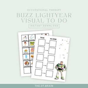 Może przedstawiać: Drukowalna wizualna lista rzeczy do zrobienia z Buzzem Astralem z serii Toy Story. Lista zawiera takie czynności jak sprzątanie, mycie zębów, ubieranie się, wychodzenie na zewnątrz, jedzenie obiadu, jedzenie przekąsek, picie wody i jedzenie śniadania. Lista jest przeznaczona dla dzieci i może być używana, aby pomóc im nauczyć się wykonywać codzienne czynności.