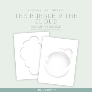 以下が含まれることがあります： 作業療法のための印刷可能なワークシート2枚。最初のワークシートは雲の形のアウトラインを特徴としています。2番目のワークシートは泡の形のアウトラインを特徴としています。