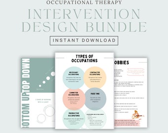 May include: A printable occupational therapy intervention design bundle with a light blue, pink, and green color scheme. The bundle includes a worksheet titled "Bottom Uptop Down" and another worksheet titled "Types of Occupations". The bundle also includes a worksheet titled "Hobbies".