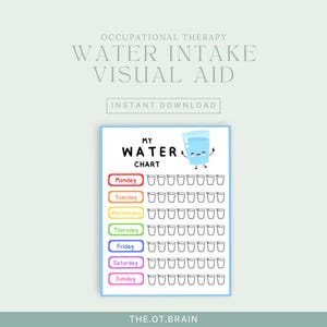 May include: A printable water intake chart with a cartoon glass of water with a smiling face. The chart is divided into days of the week with a space for 10 glasses of water per day. The chart is in rainbow colors.