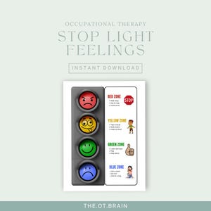 Puede incluir: Un gráfico educativo imprimible titulado "Stop Light Feelings" con un diseño de semáforo. El gráfico presenta cuatro zonas: roja (enfadada), amarilla (tonta), verde (feliz) y azul (triste), cada una con estrategias de afrontamiento. El texto "Descarga instantánea" también es visible.