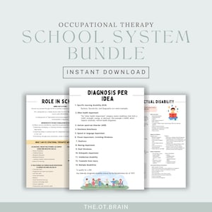 May include: A printable resource for occupational therapists working in schools. The document includes a list of diagnoses per IDEA, a description of the role of occupational therapists in schools, and a list of evidence-based interventions.